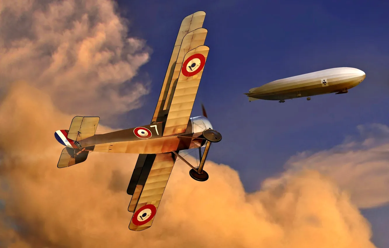Фото обои Облака, Дирижабль, немецкий, WWI, Sopwith Triplane, Первая Мировая война, Истребитель-триплан