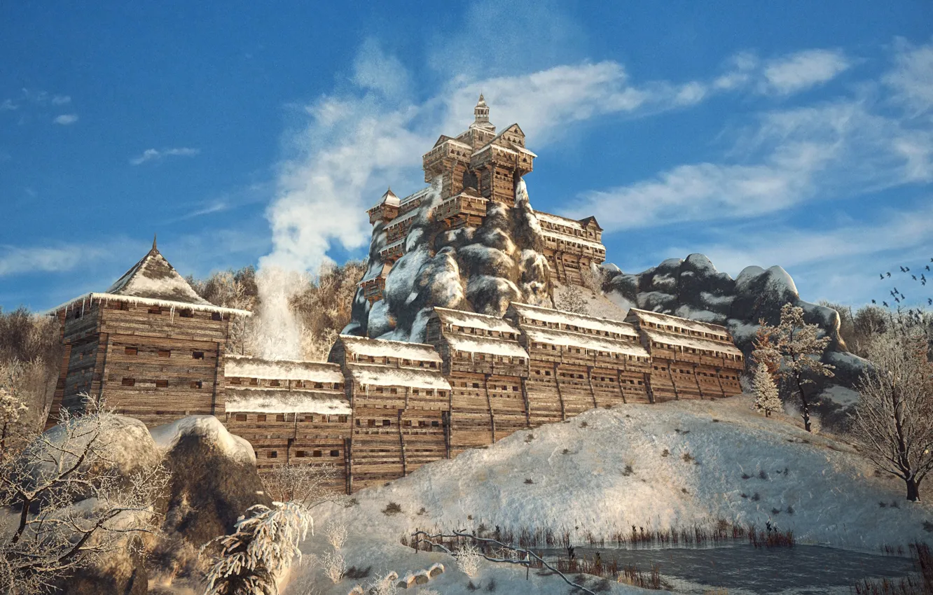 Фото обои снег, башня, холм, крепость, The Tustan