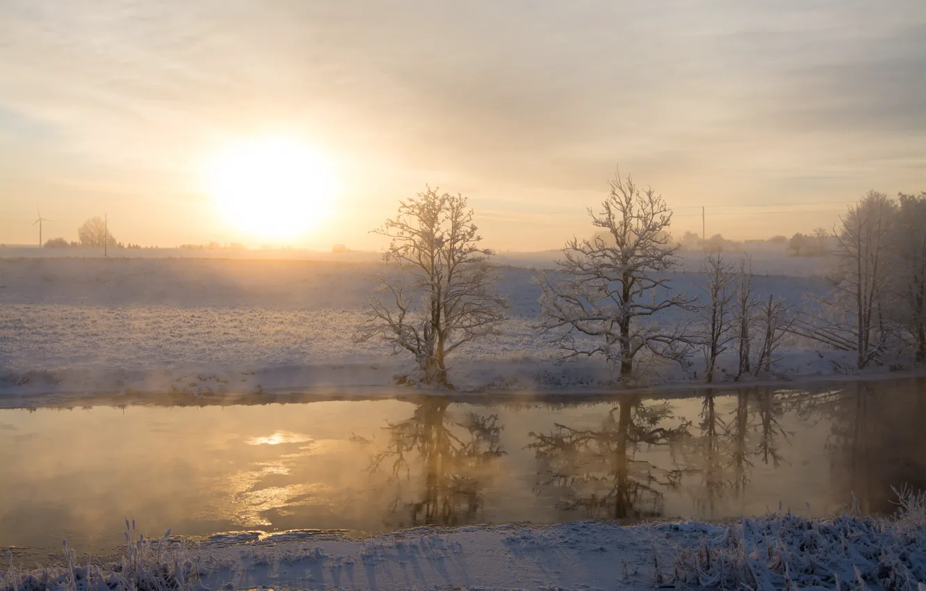 Фото обои зима, пейзаж, река, утро