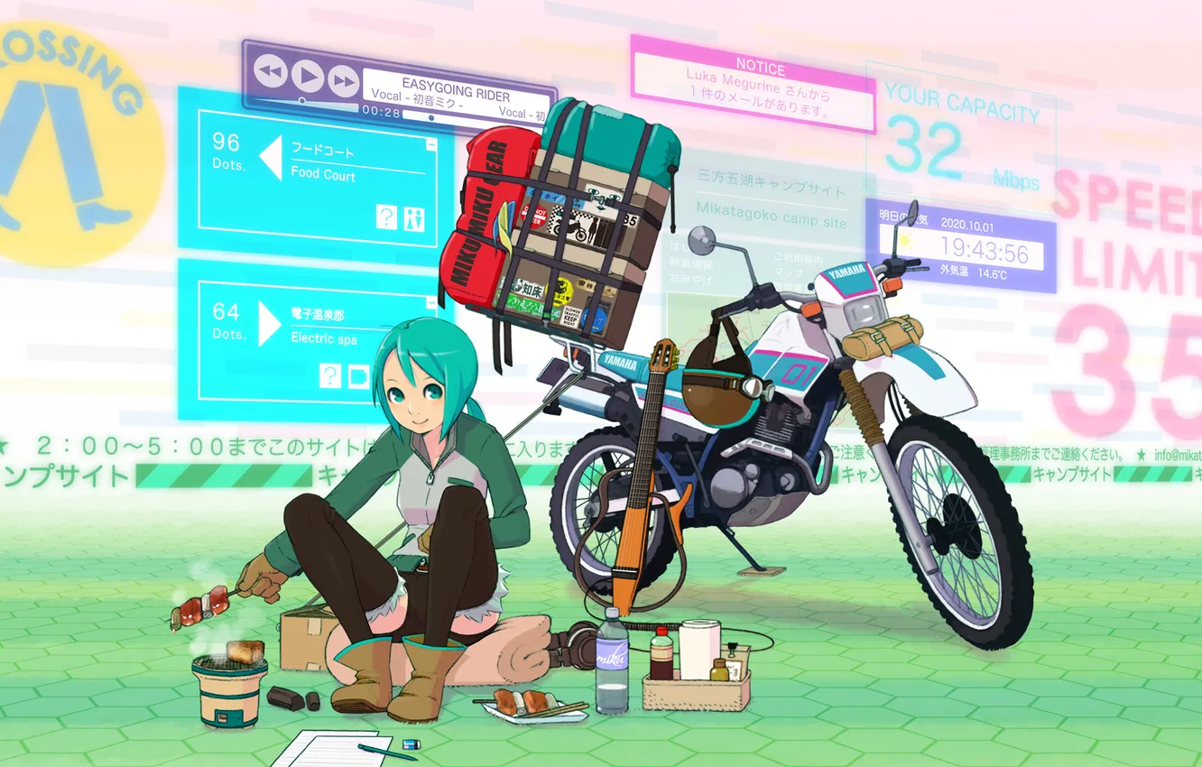 Фото обои девушка, бутылка, гитара, еда, арт, мотоцикл, шлем, сумка