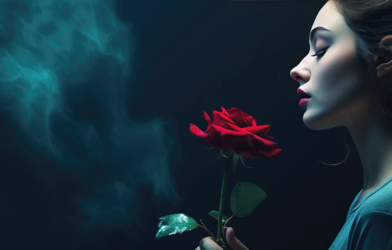 Фото обои девушка, дым, розы, профиль, ИИ-арт, НЕЙРОСЕТЬ