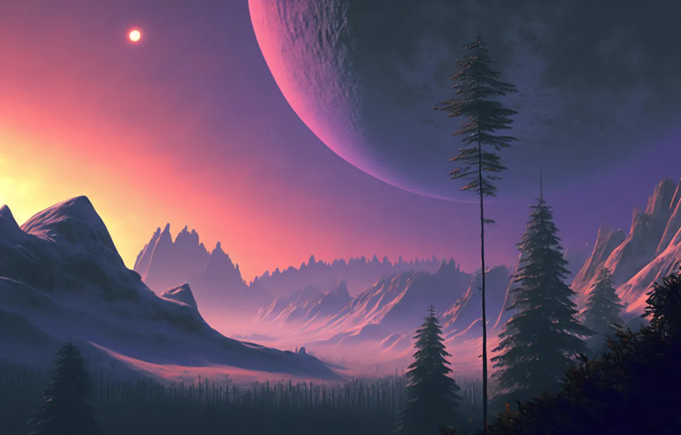 Фото обои деревья, рассвет, Луна, moon, trees, dawn, иллюстрация, чужая планета