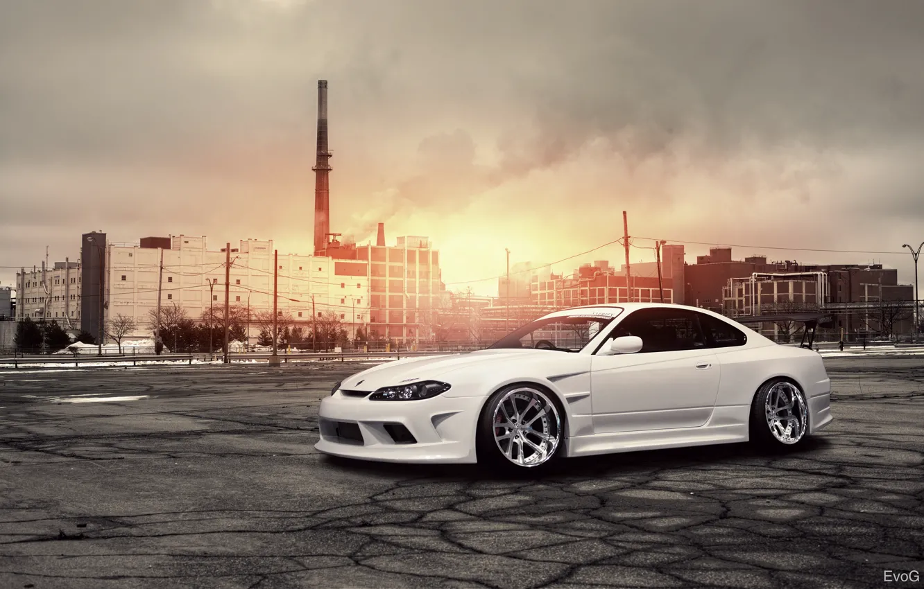 Фото обои солнце, завод, белая, S15, Silvia, Nissan, white, блик