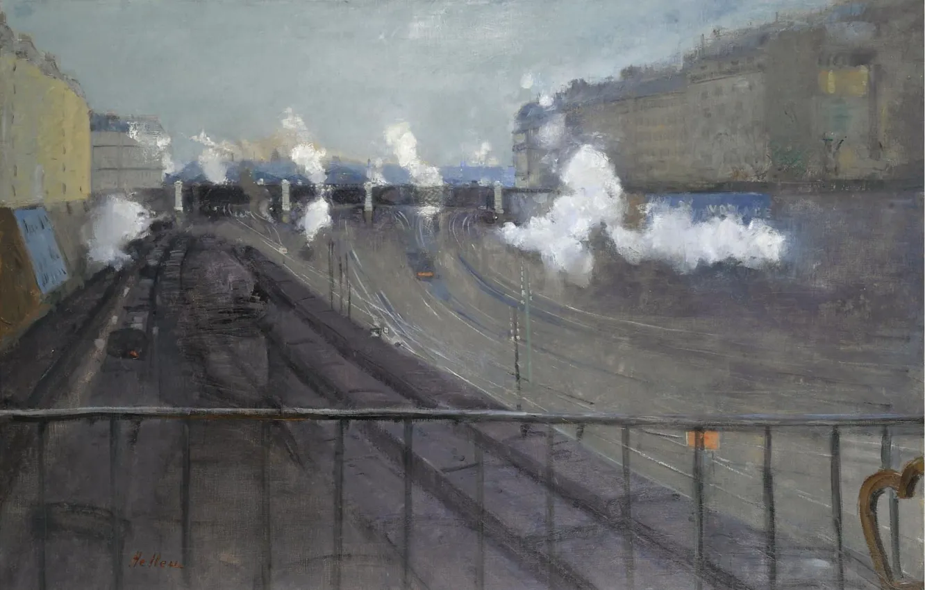 Фото обои вокзал, картина, городской пейзаж, 1885, Станция Сен-Лазар, Поль Сезар Эллё, Paul Cesar Helleu