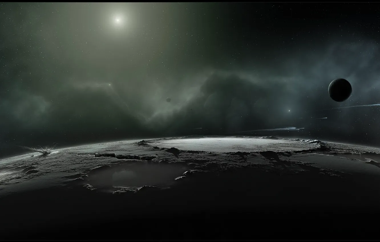 Фото обои поверхность, туманность, планета, спутник, звёзды, комета, кратер, 3840x1080