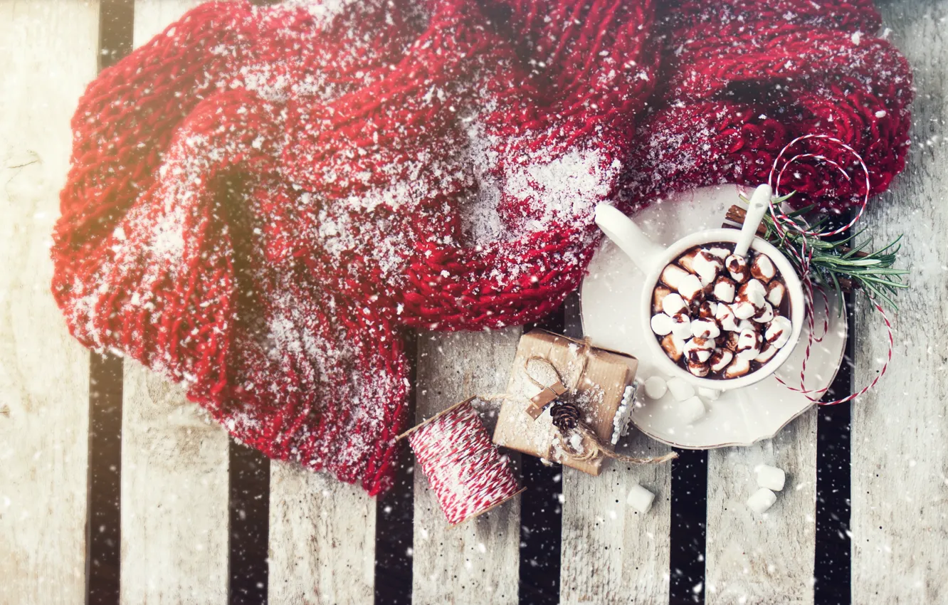 Фото обои зима, снег, горячий, шоколад, шарф, wood, декор, marshmallows