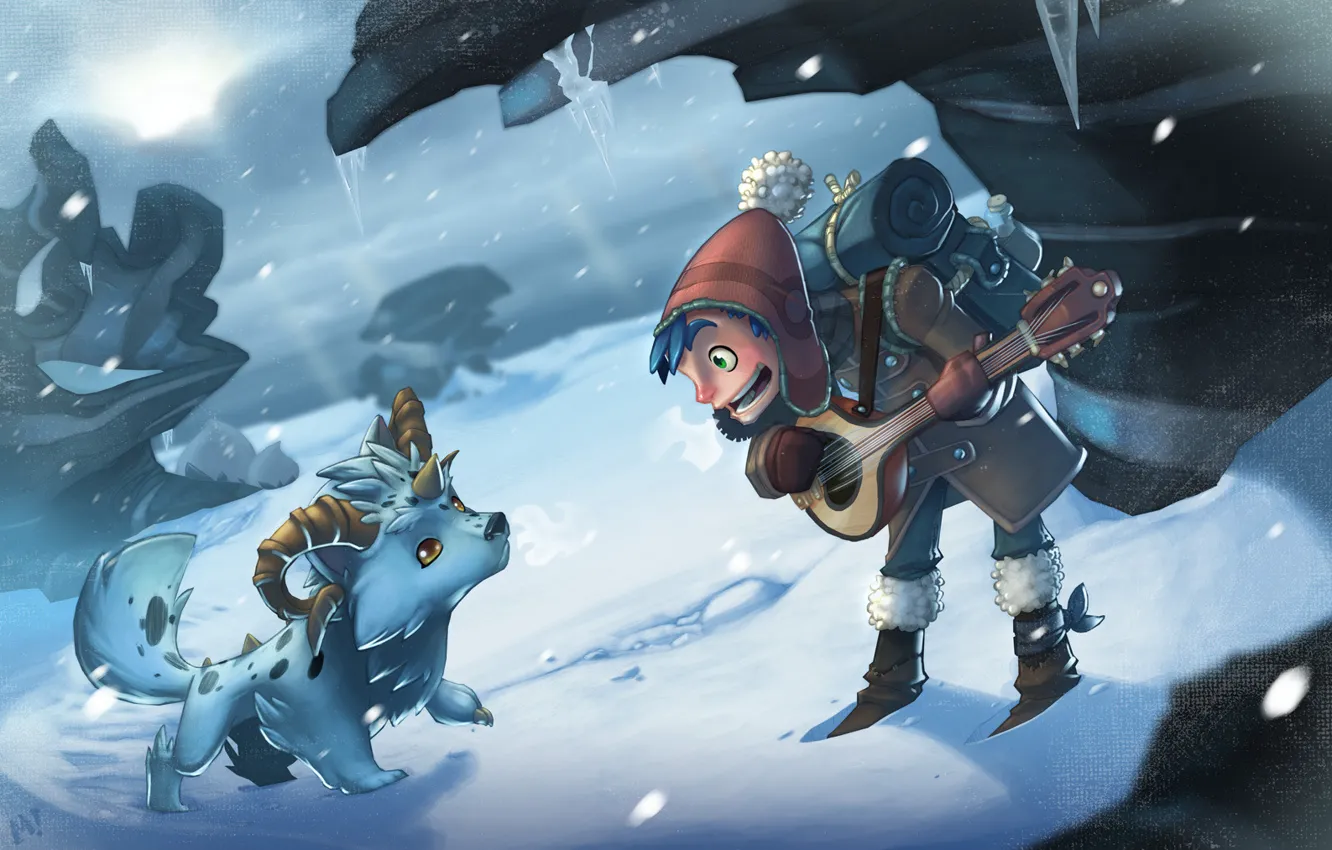 Фото обои зима, снег, шапка, мальчик, сосульки, зверек, вьюга, рюкзак