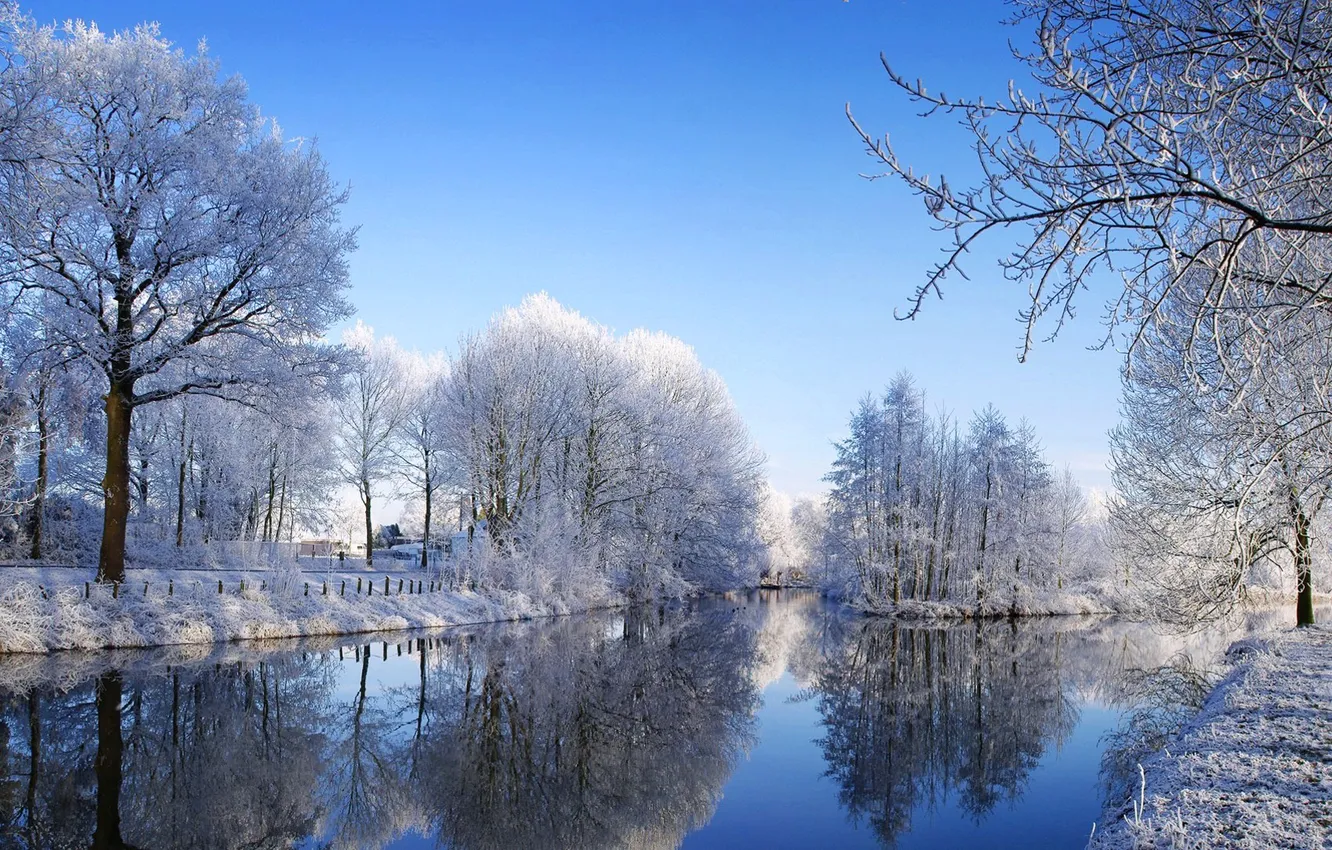 Фото обои зима, небо, вода, облака, снег, деревья, отражение, река