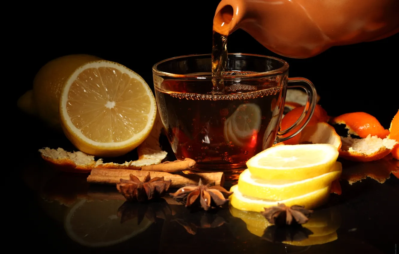 Фото обои лимон, чай, чашка, корица, корки