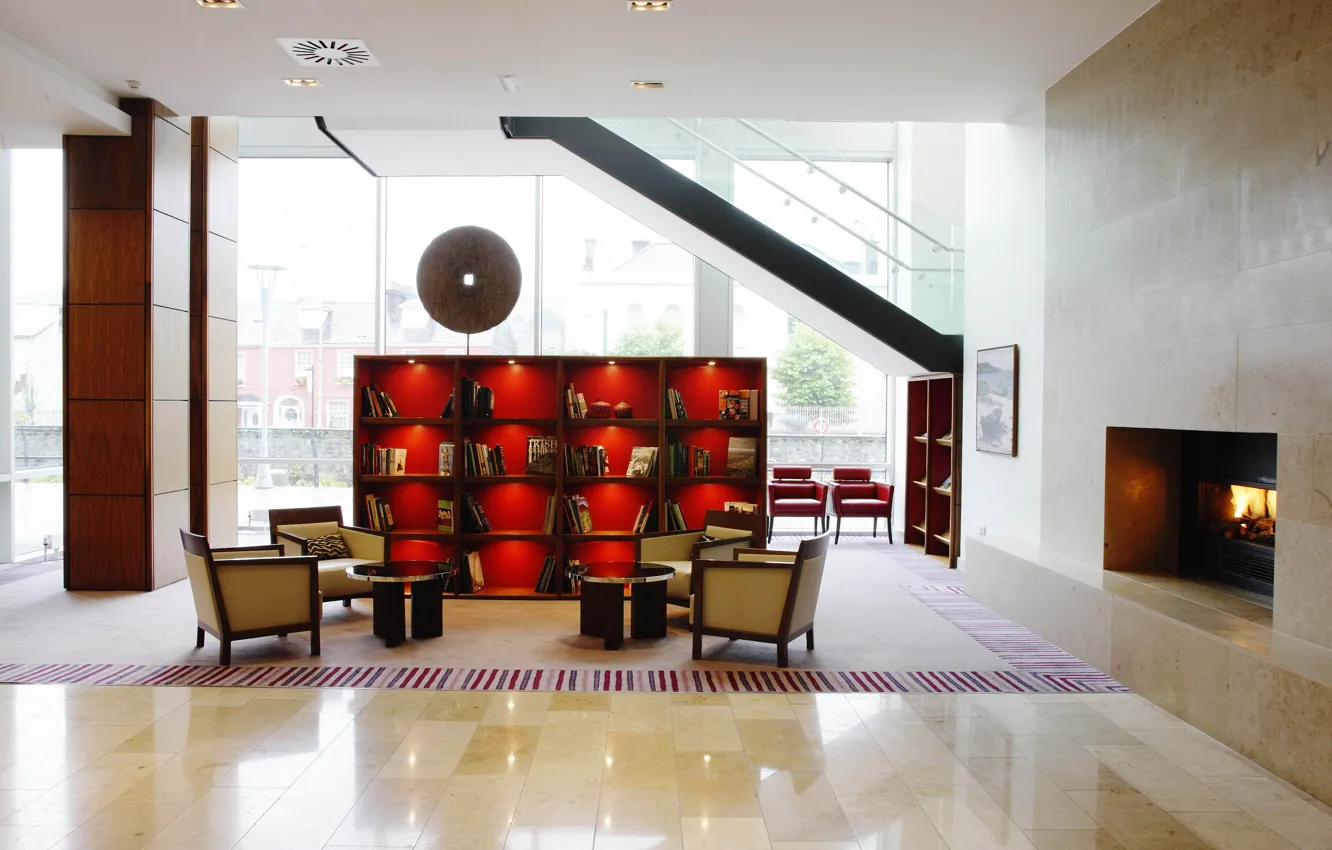 Фото обои красный, дизайн, стиль, комната, интерьер, окно, кресла, лестница
