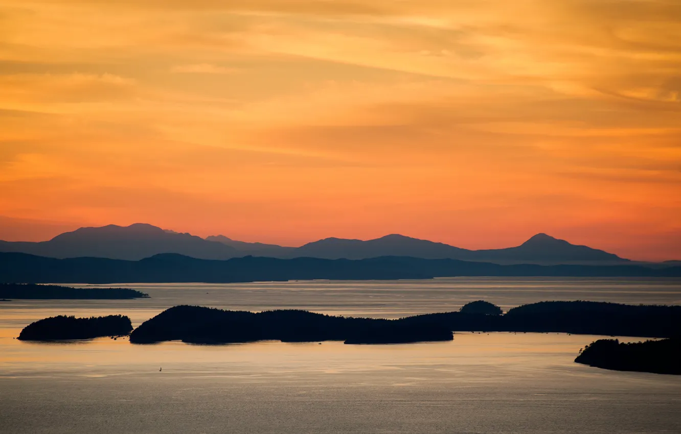 Фото обои sunset, mountains, lake, islands