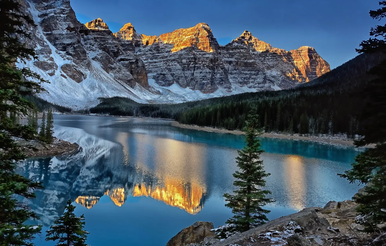 Фото обои горы, отражение, Канада, Banff National Park, Canada, Moraine Lake, Valley of the Ten Peaks, Озеро …