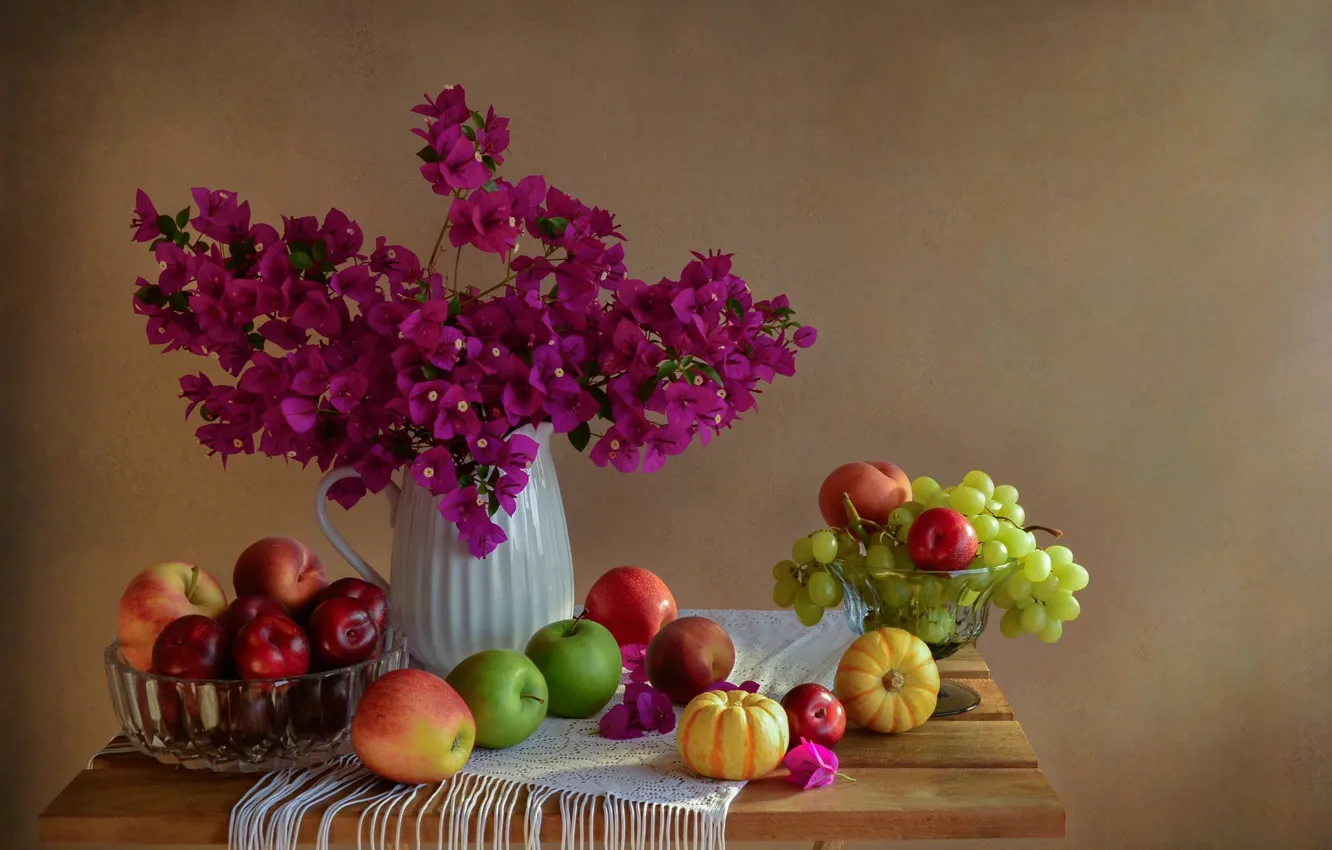 Фото обои цветы, фрукты, натюрморт