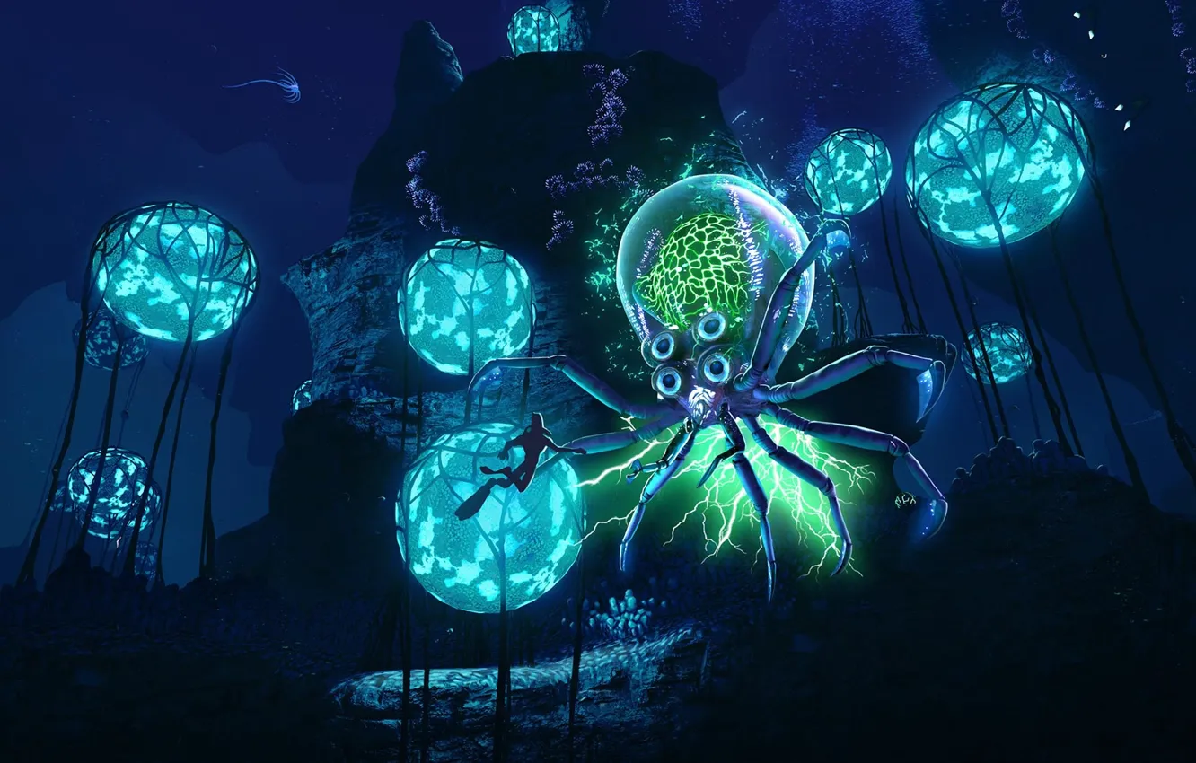 Фото обои Океан, дно, Games, персонаж, кракен, Subnautica, Games Art, Затерянная река