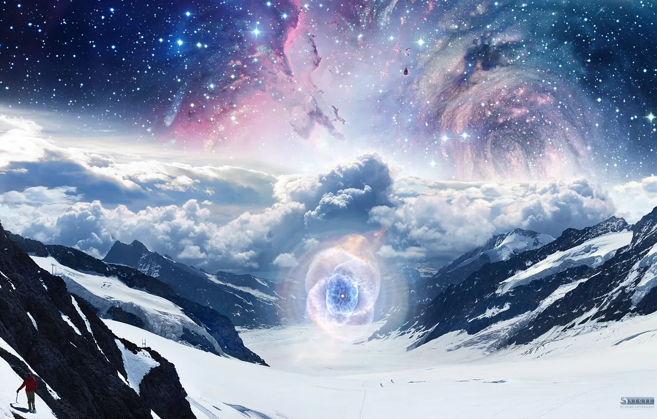 Фото обои небо, облака, свет, снег, горы, тучи, люди, звёзды