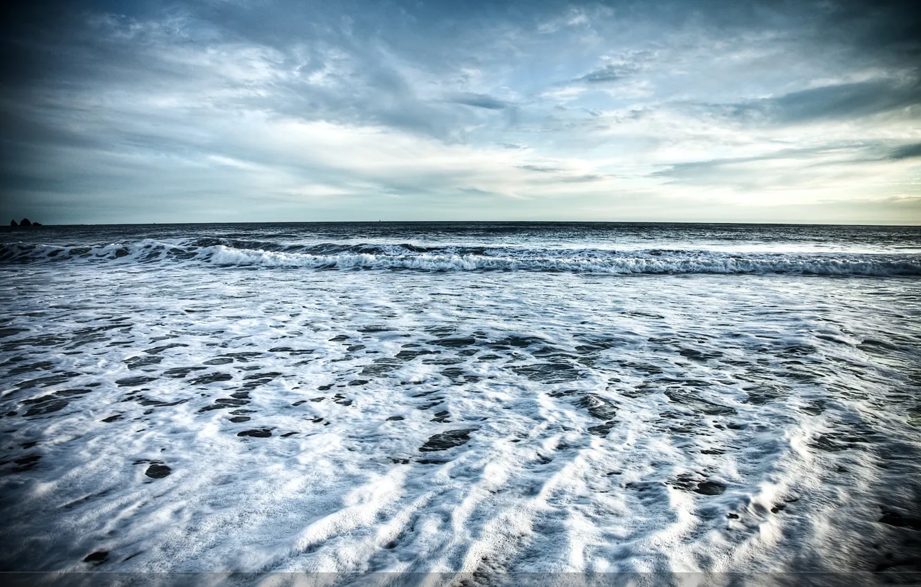 Фото обои море, волны, небо, пена, горизонт