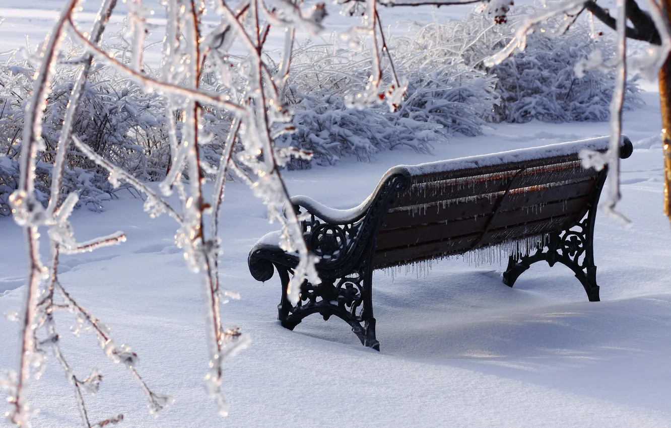 Фото обои зима, снег, скамейка