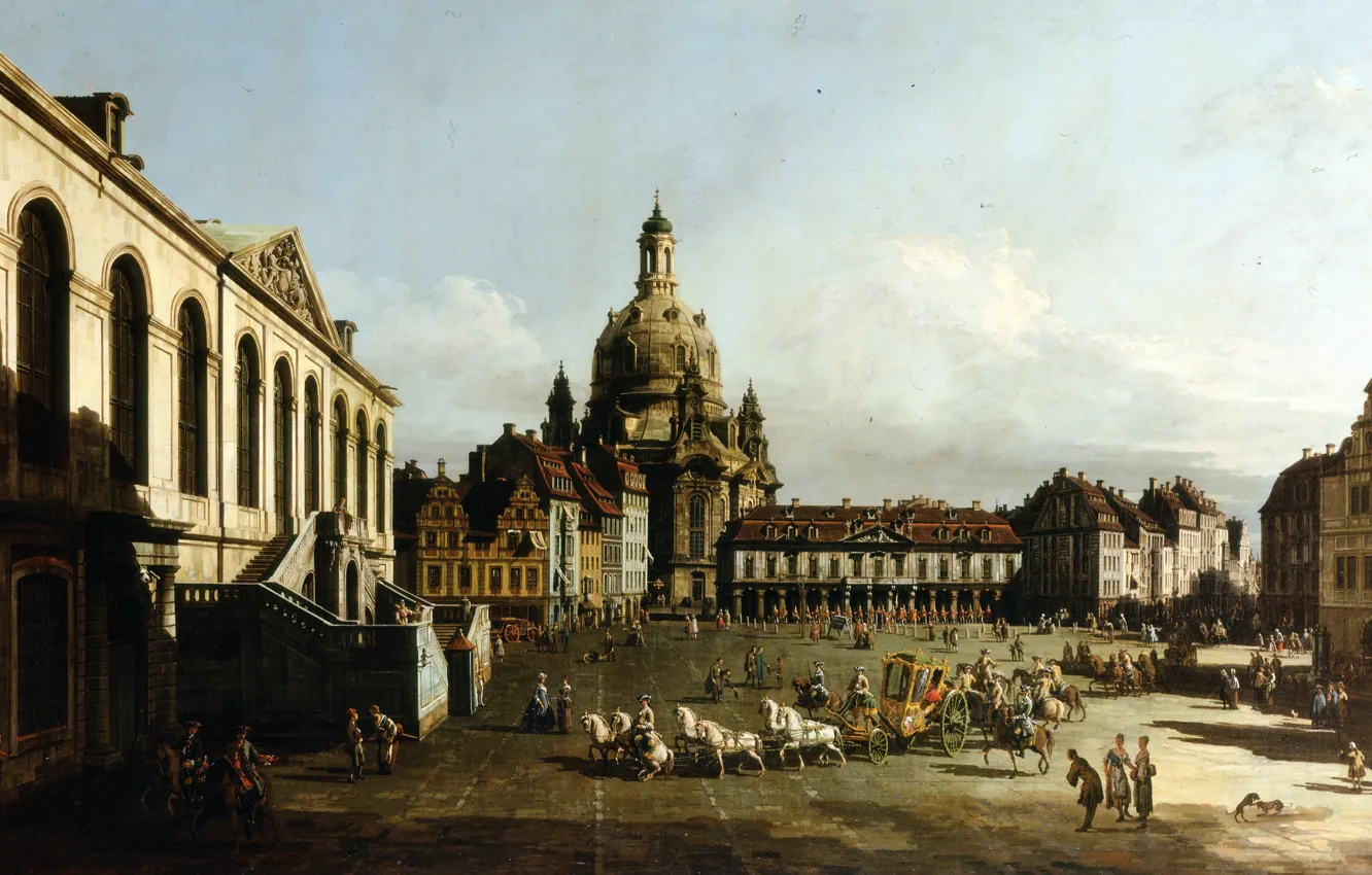 Фото обои люди, дома, картина, площадь, церковь, городской пейзаж, Бернардо Беллотто, Ноймаркт в Дрездене
