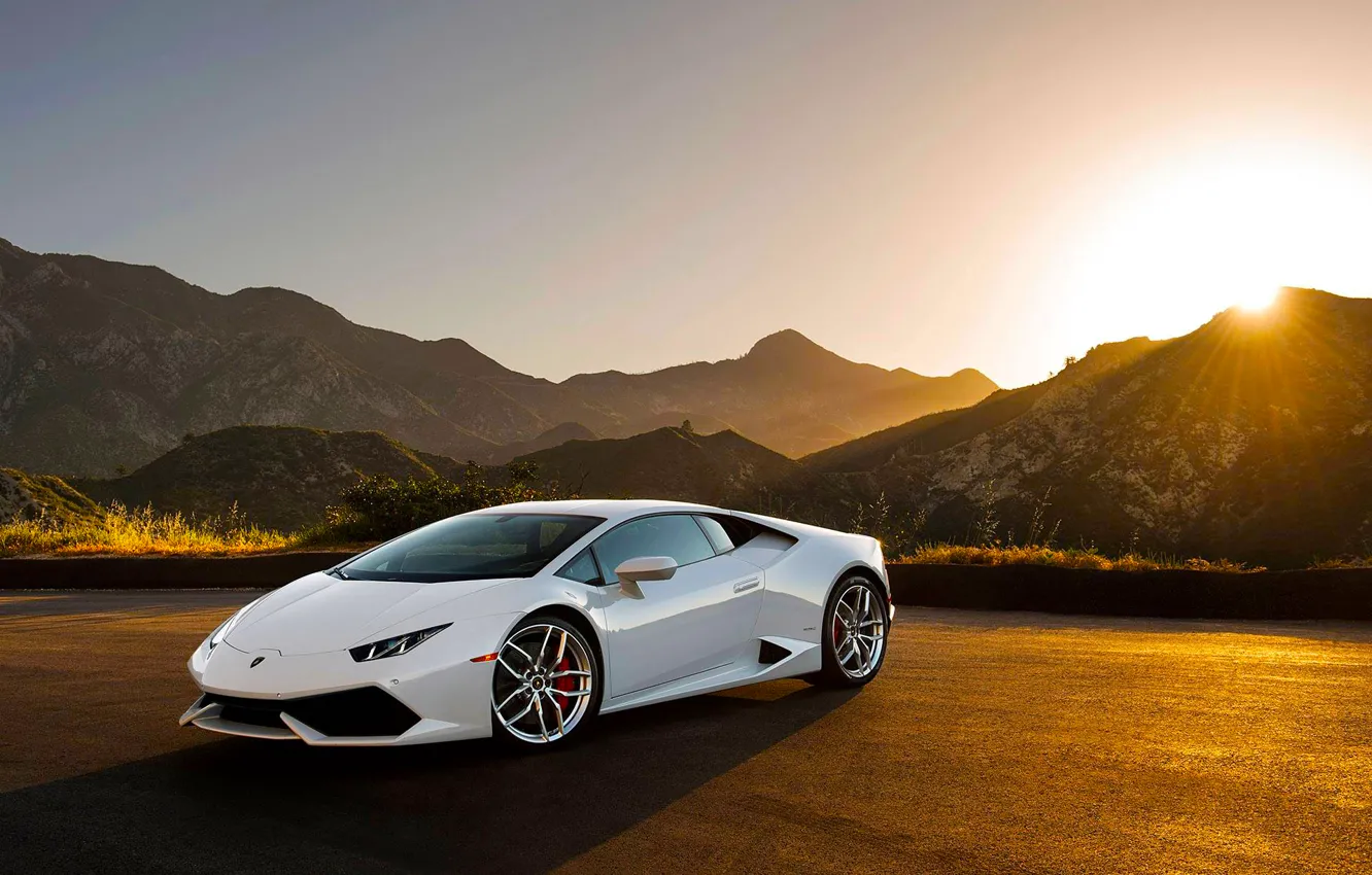 Фото обои Lamborghini, Front, Sunset, White, Supercar, Huracan, LP640-4, Moutian