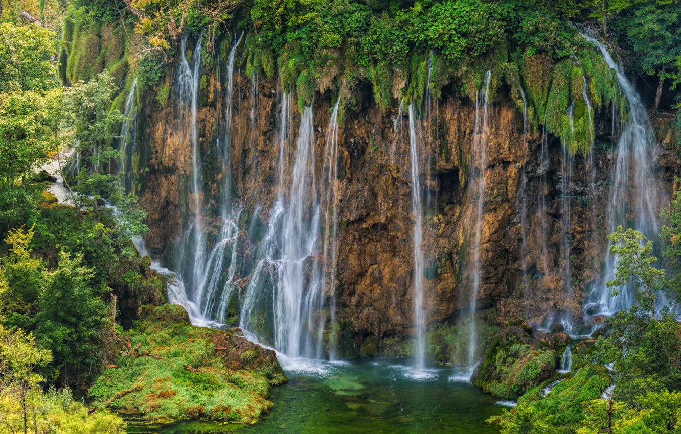 Фото обои лес, река, водопад, Хорватия, Croatia, Плитвицкие озёра, Plitvice Lakes National Park, Galovac Waterfall