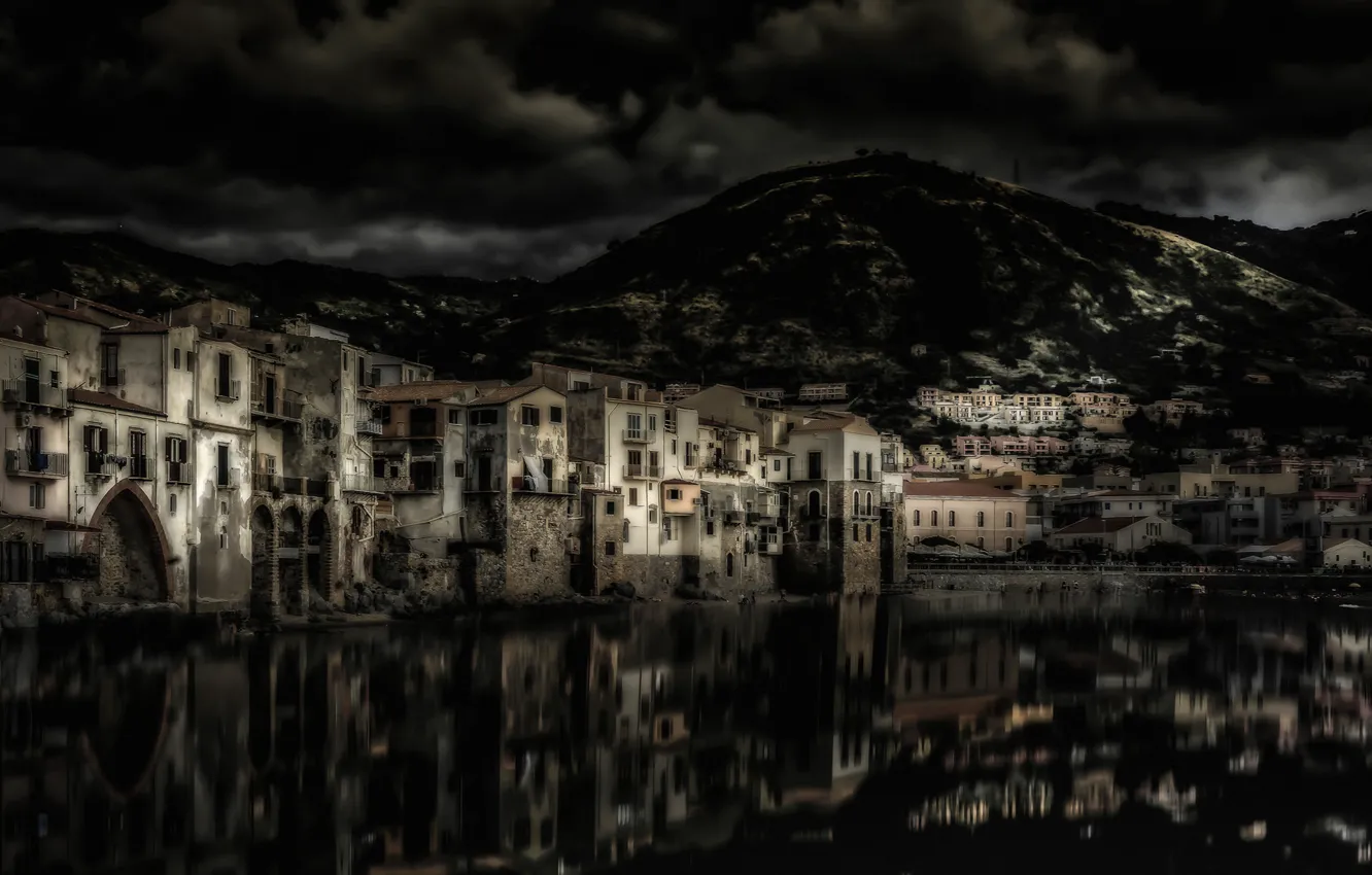 Фото обои горы, ночь, дома, Италия, Сицилия