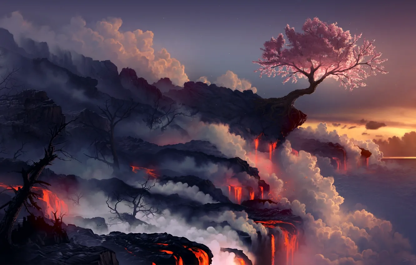 Фото обои море, пейзаж, дерево, скалы, дым, вулкан, сакура, арт