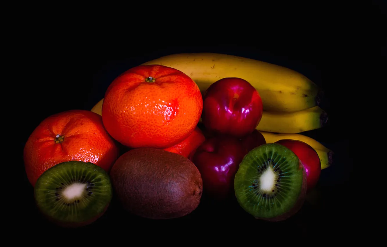 Фото обои фон, краски, киви, фрукты, банан, мандарин