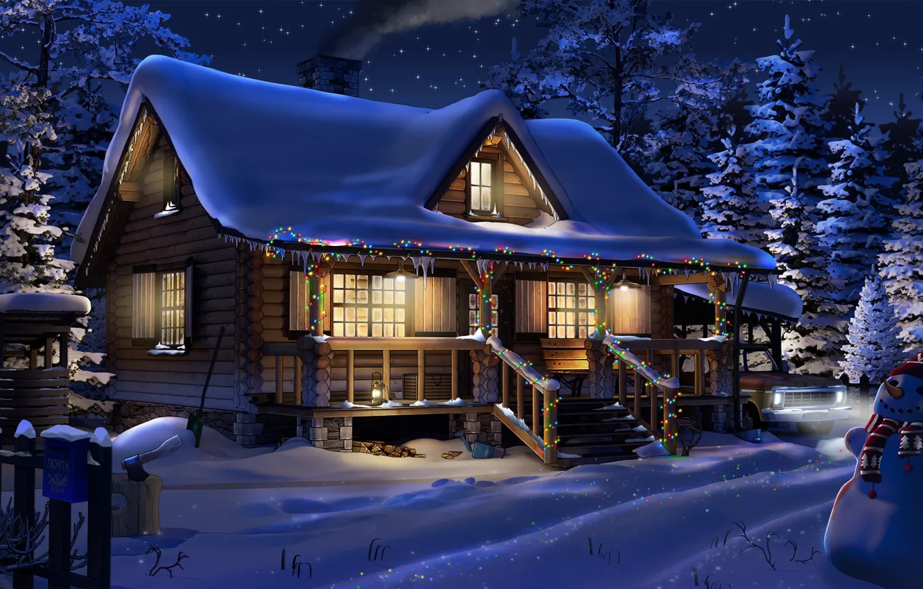 Фото обои зима, снег, гирлянда, строение, Big Dipper