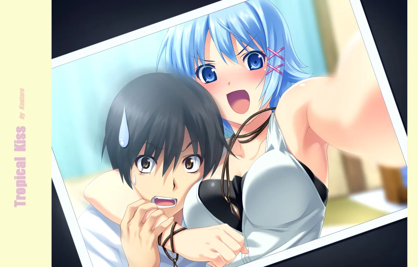 Фото обои кадр, голубые волосы, обьятия, tropical kiss, селфи, visual novel, парень с девушкой, by koutaro