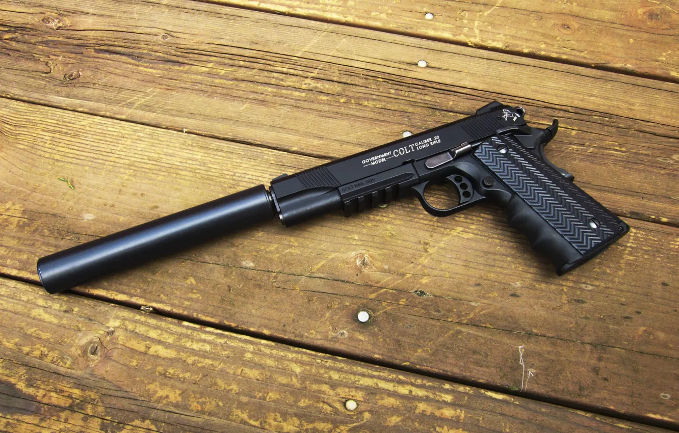 Фото обои пистолет, доски, глушитель, Colt, Rail gun