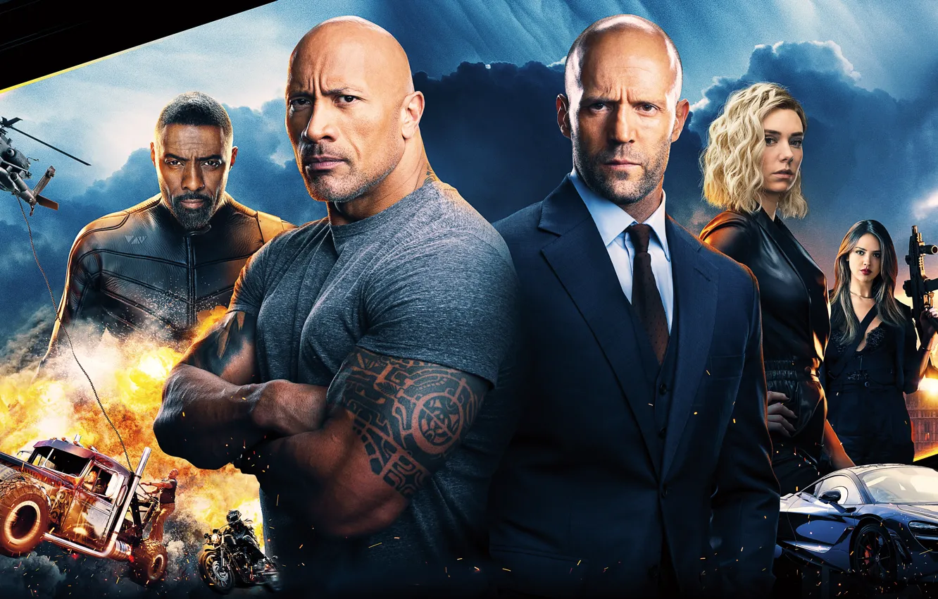 Фото обои боевик, постер, Дуэйн Джонсон, Jason Statham, Dwayne Johnson, Idris Elba, Идрис Эльба, Джейсон Стэйтем