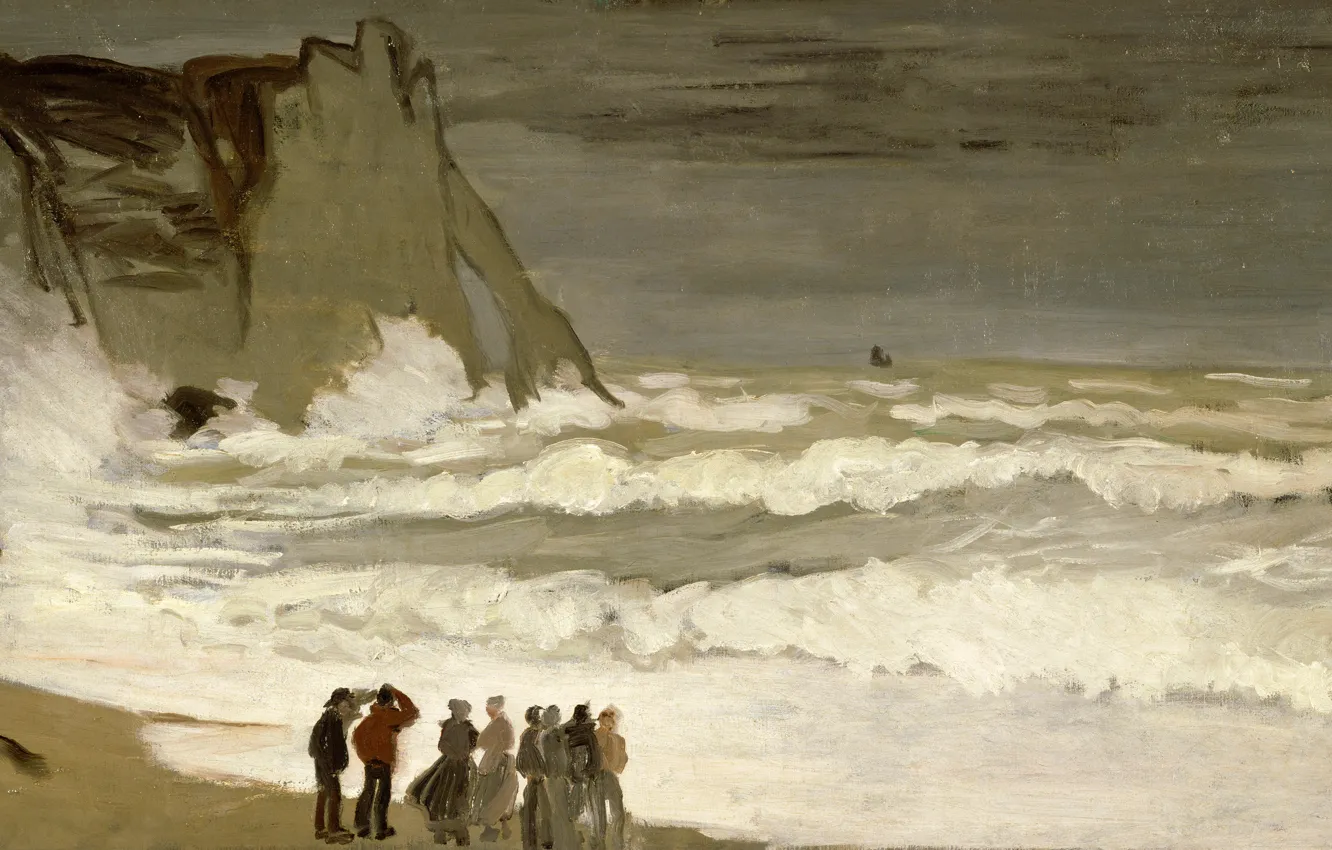 Фото обои шторм, люди, берег, картина, морской пейзаж, Клод Моне, Бурное Море в Этрета