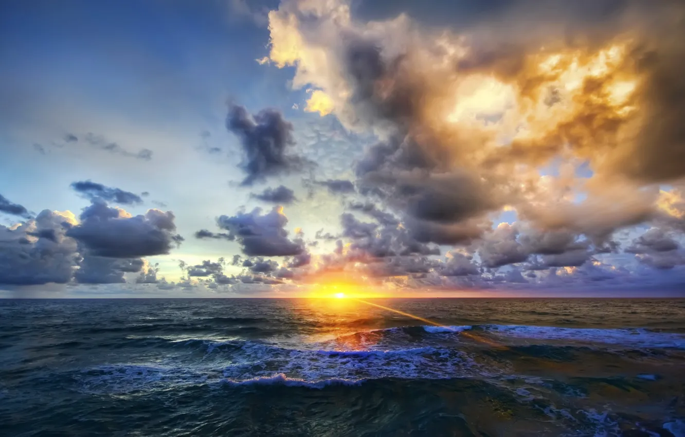 Фото обои море, волны, солнце, закат, тучи, вечер