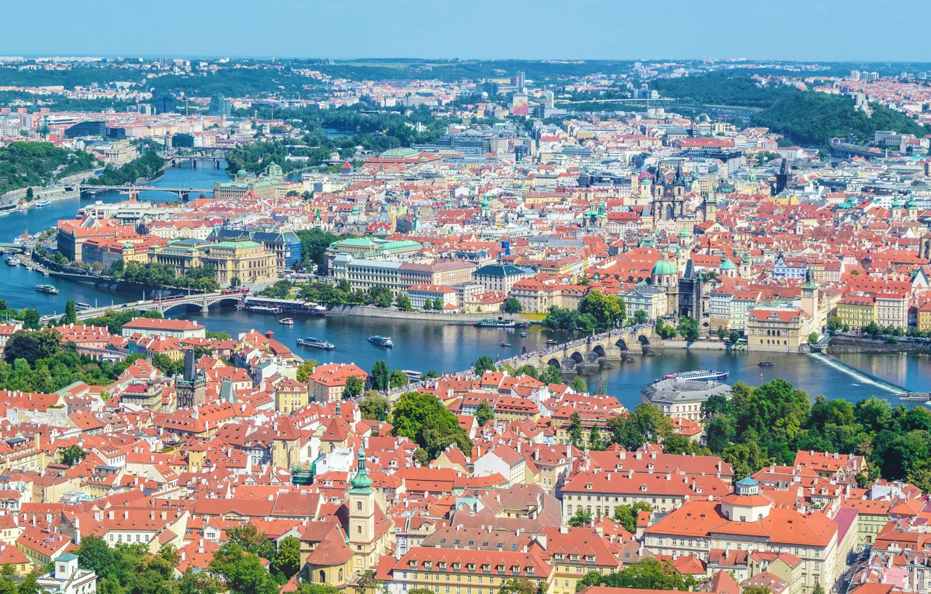 Фото обои Мост, Панорама, Прага, Крыши, Здания, Bridge, Prague, Panorama
