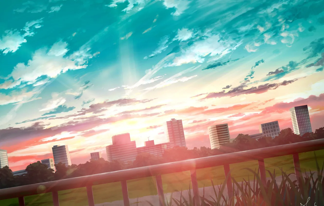 Фото обои небо, закат, город, рассвет