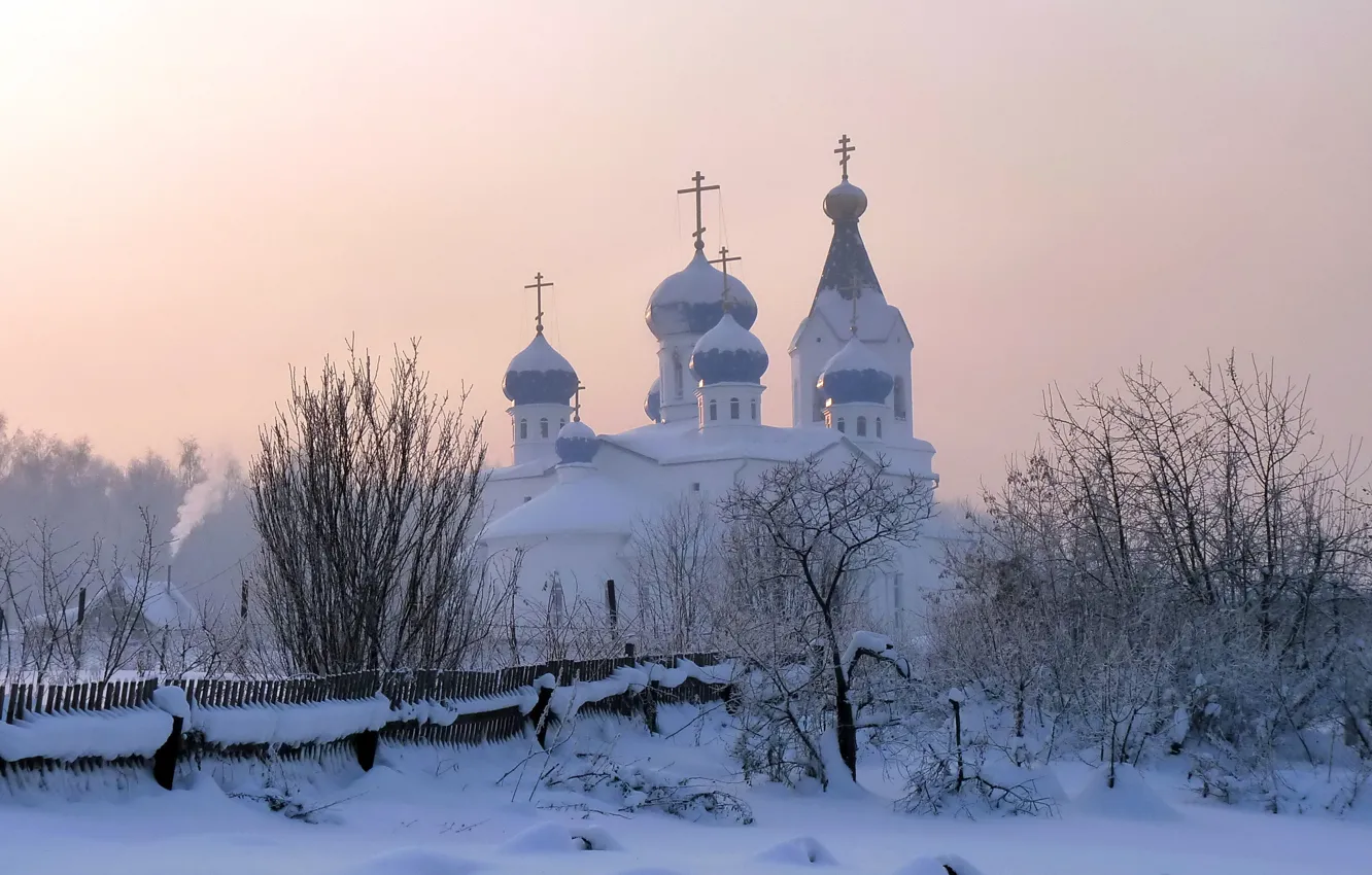 Фото обои зима, снег, церковь