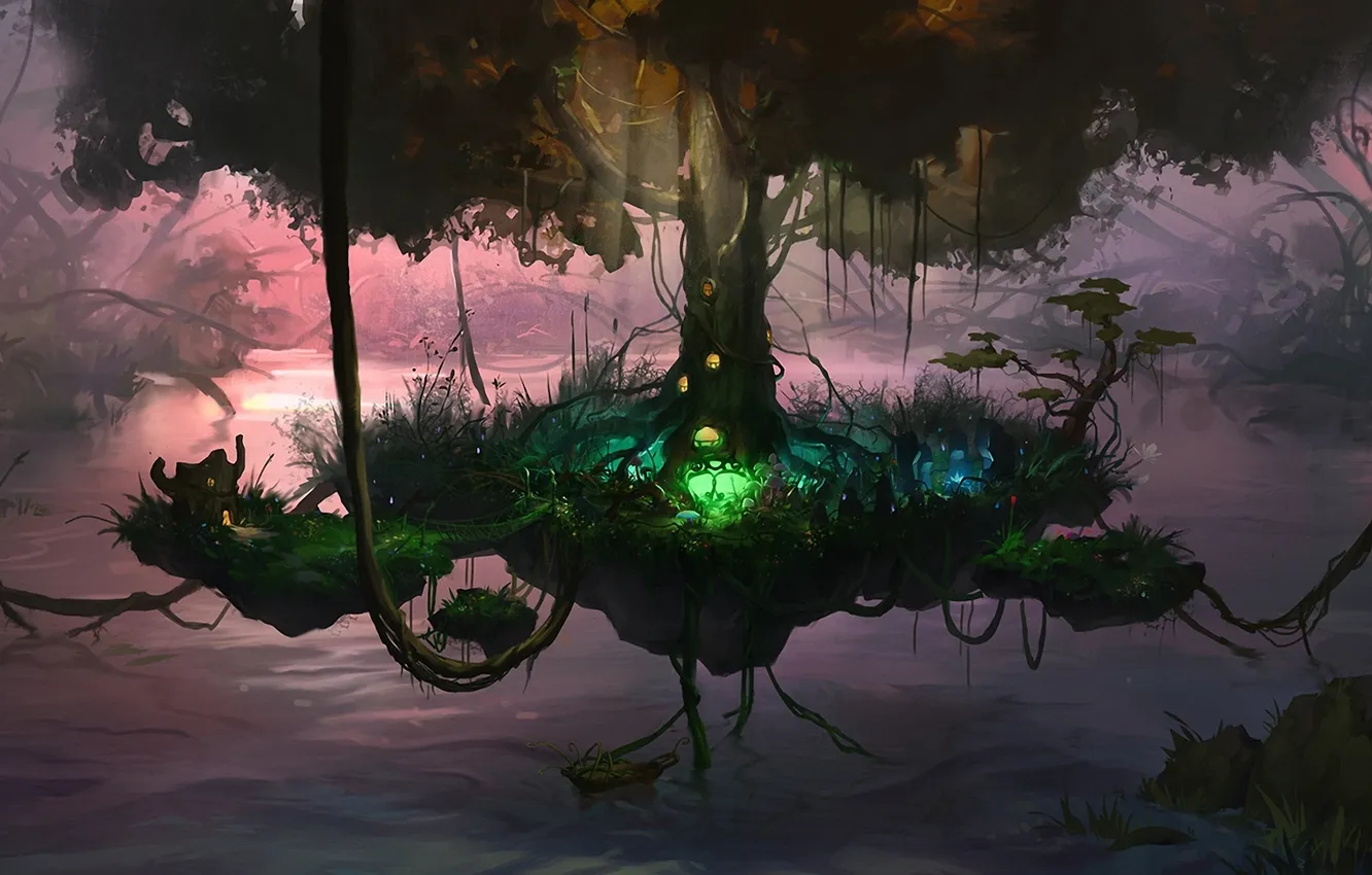 Фото обои озеро, дерево, остров, арт, канаты, лианы