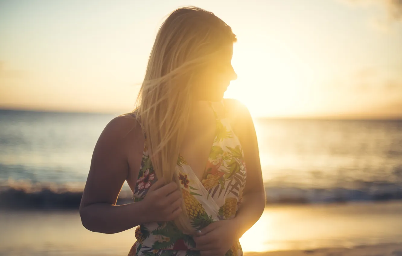 Фото обои пляж, девушка, солнце, закат