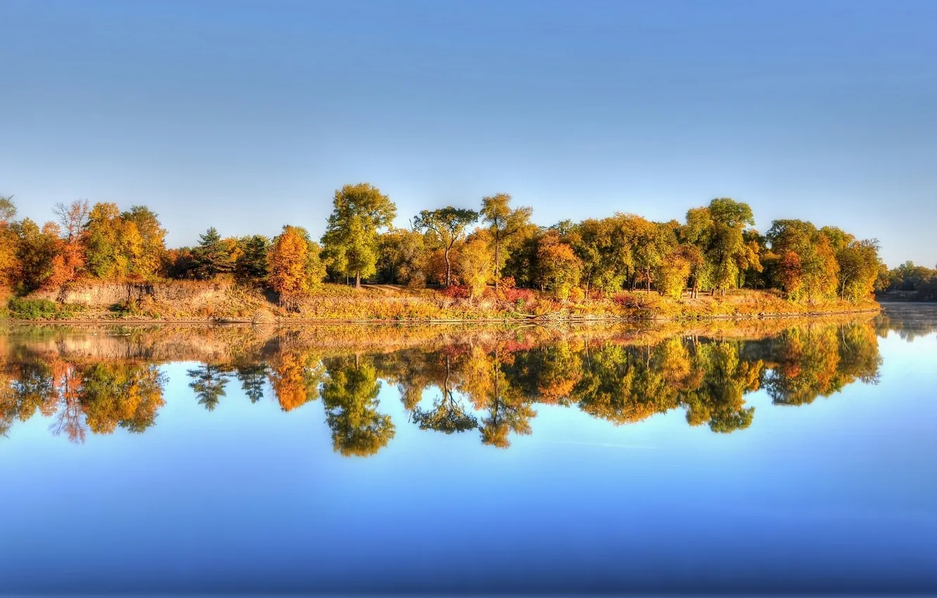 Фото обои осень, деревья, отражение, река