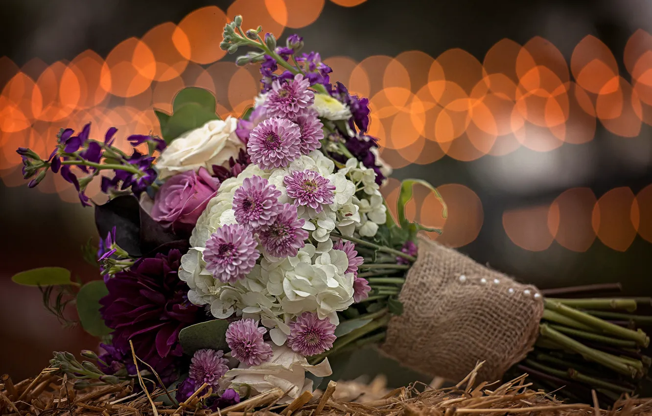 Фото обои цветы, букет, солома, мешковина, боке