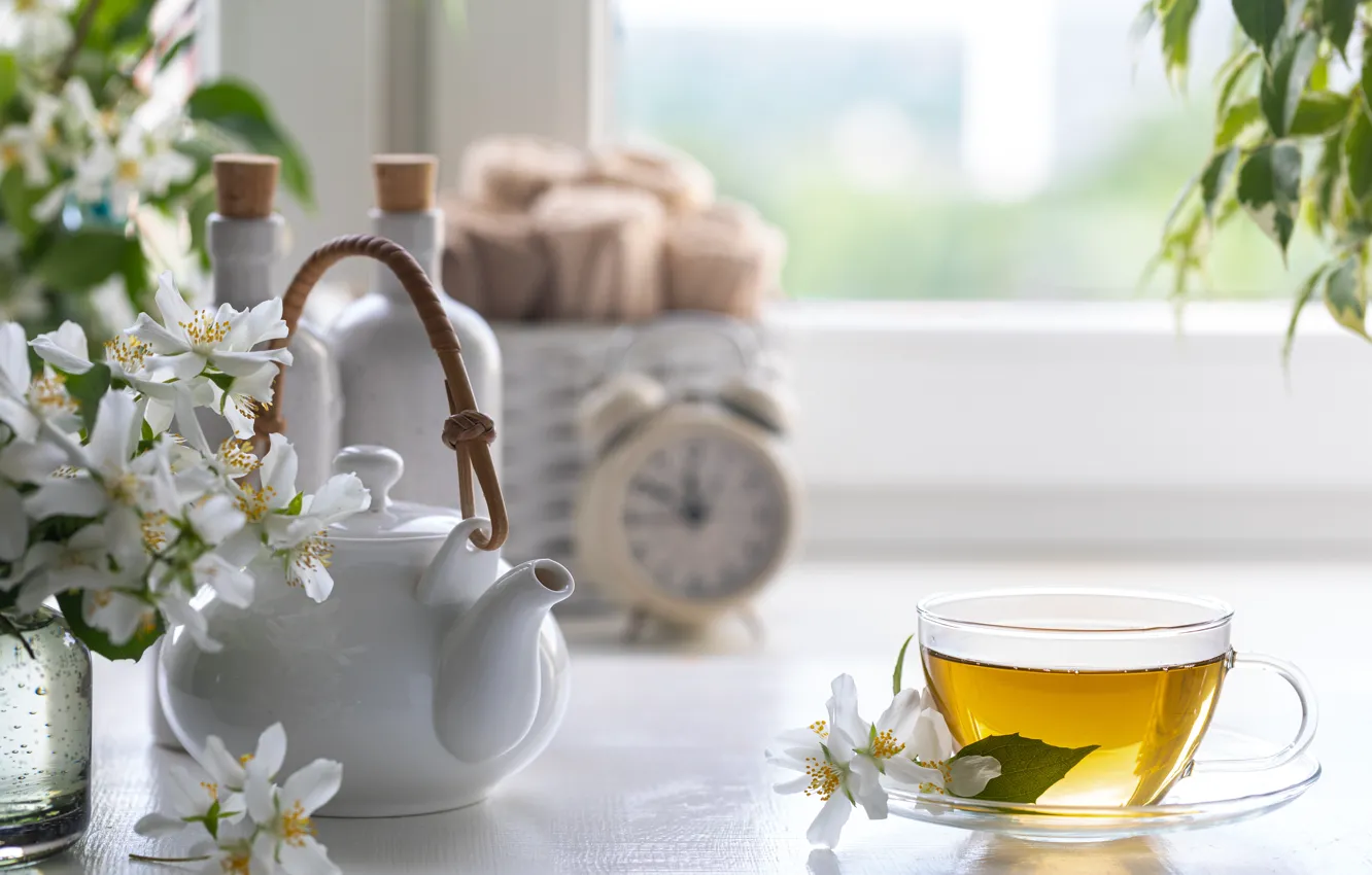 Фото обои цветы, чай, чайник, чашка, жасмин, Karina Klachuk