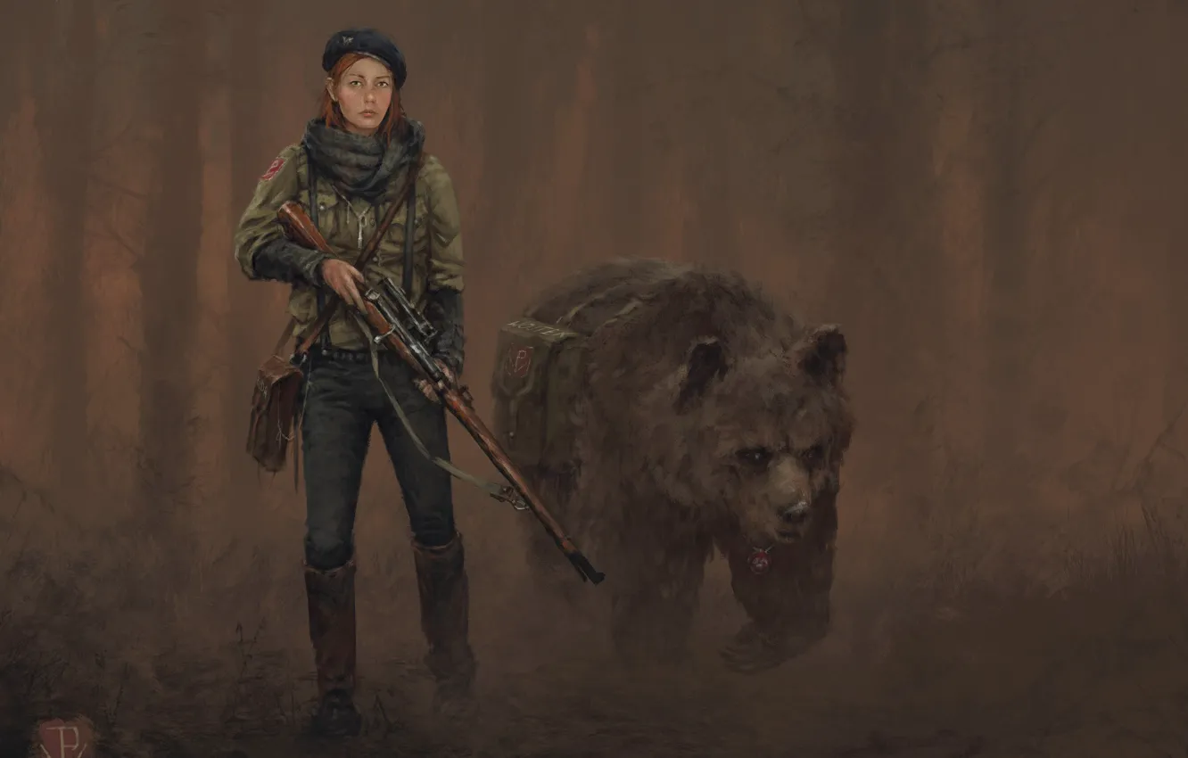 Фото обои Girl, bear, weapon, hat, face, animal, painting, blonde