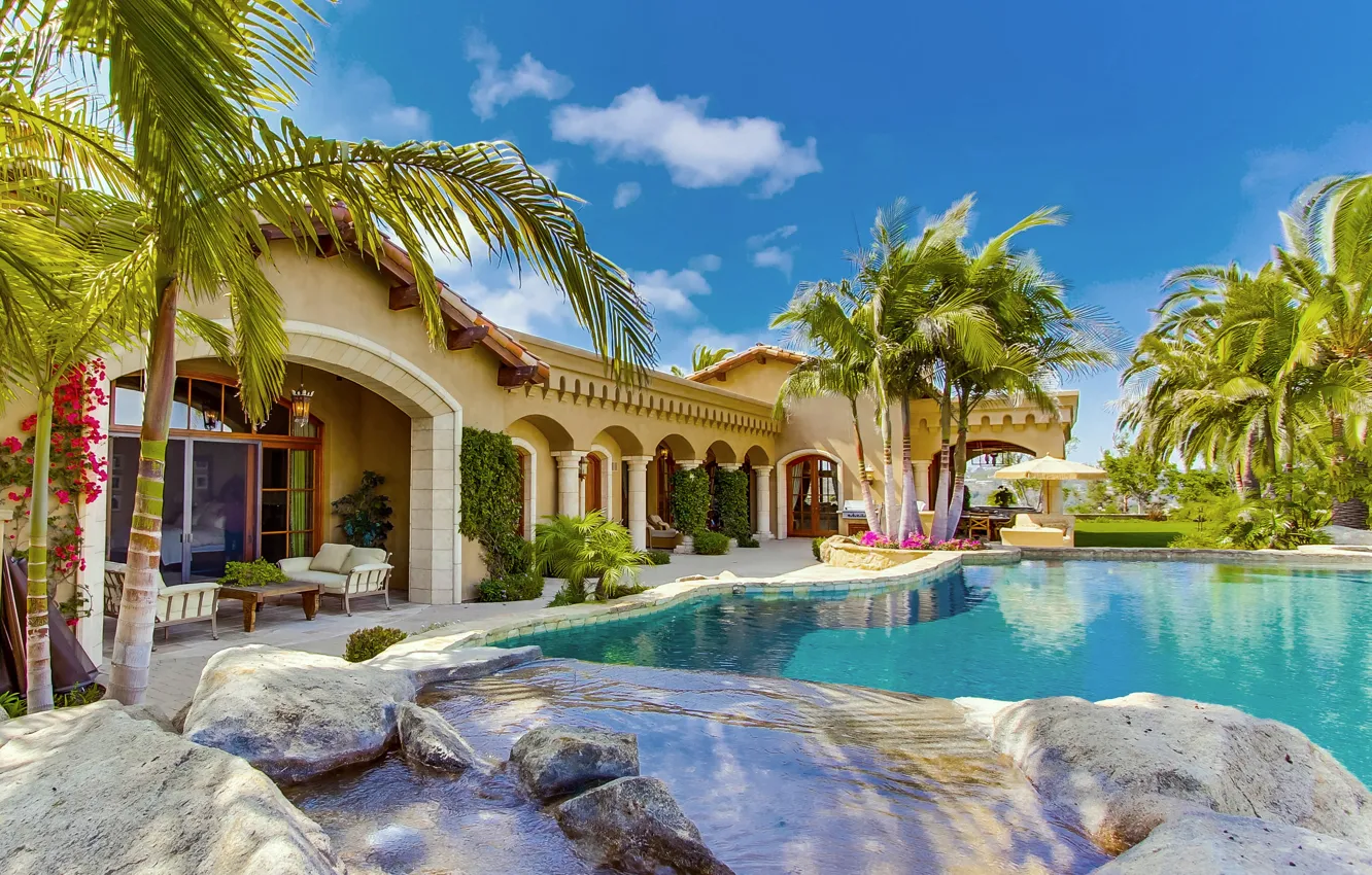 Фото обои дом, вилла, бассейн, pool, home, villa, пальмы.
