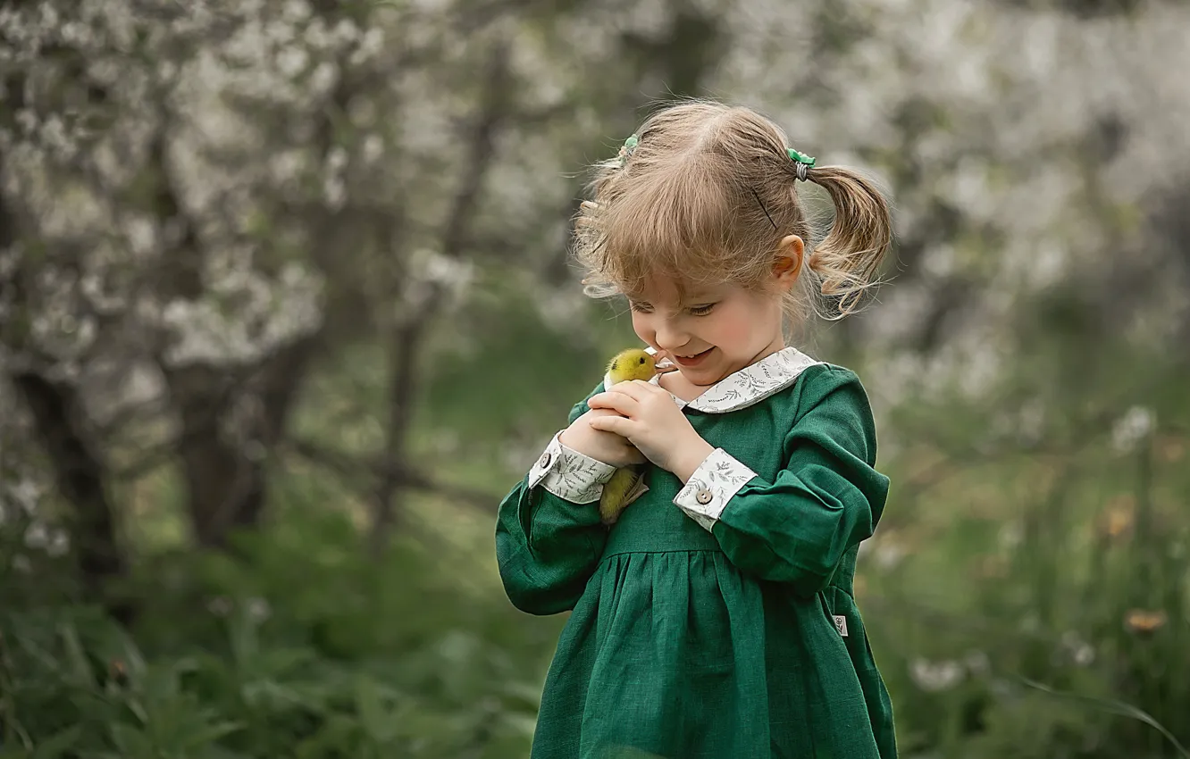 Фото обои весна, девочка, утёнок, малышка, птенец, ребёнок, Ирина Ларина