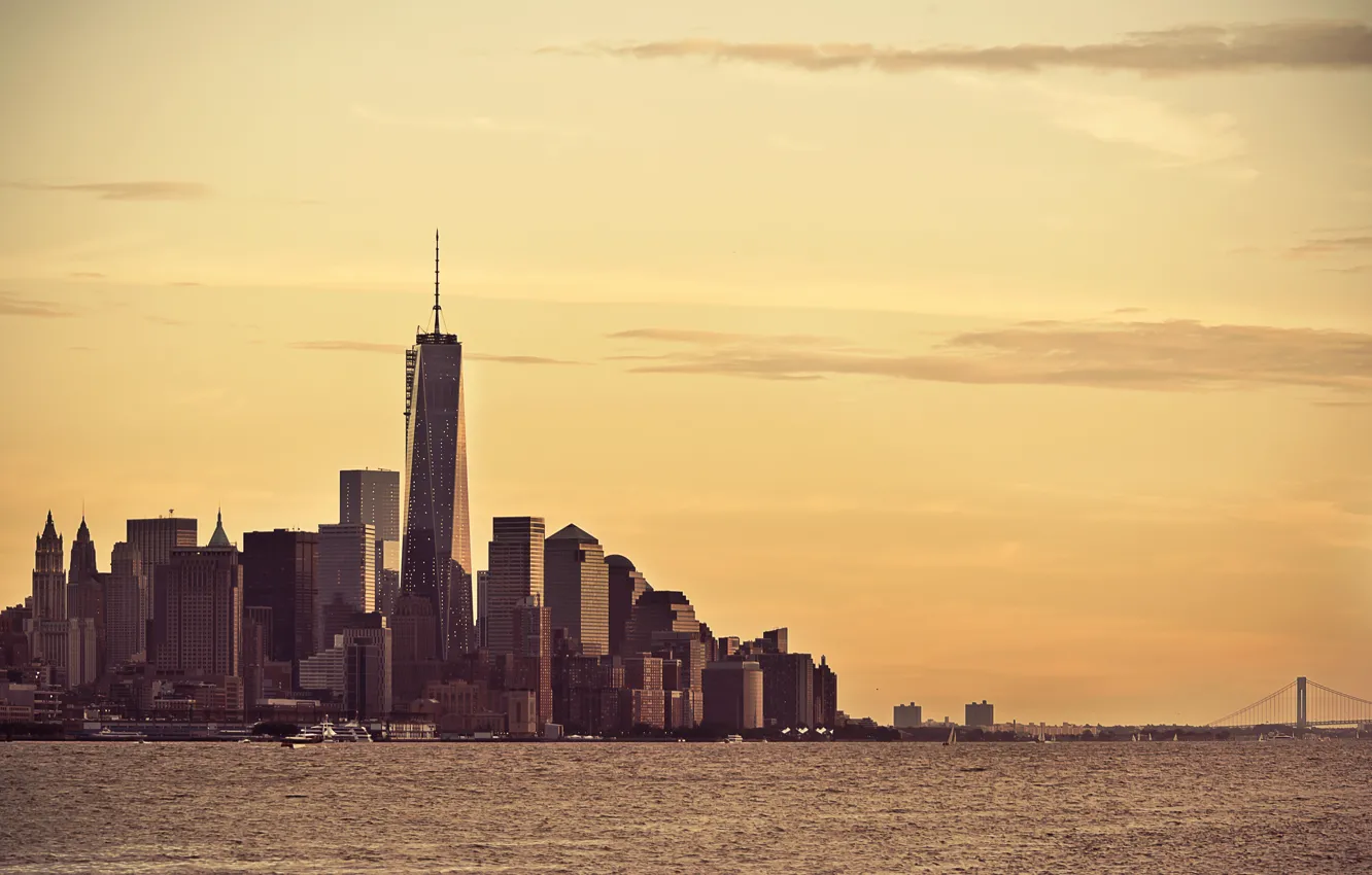 Фото обои закат, Нью-Йорк, горизонт, Манхэттен, One World Trade Center