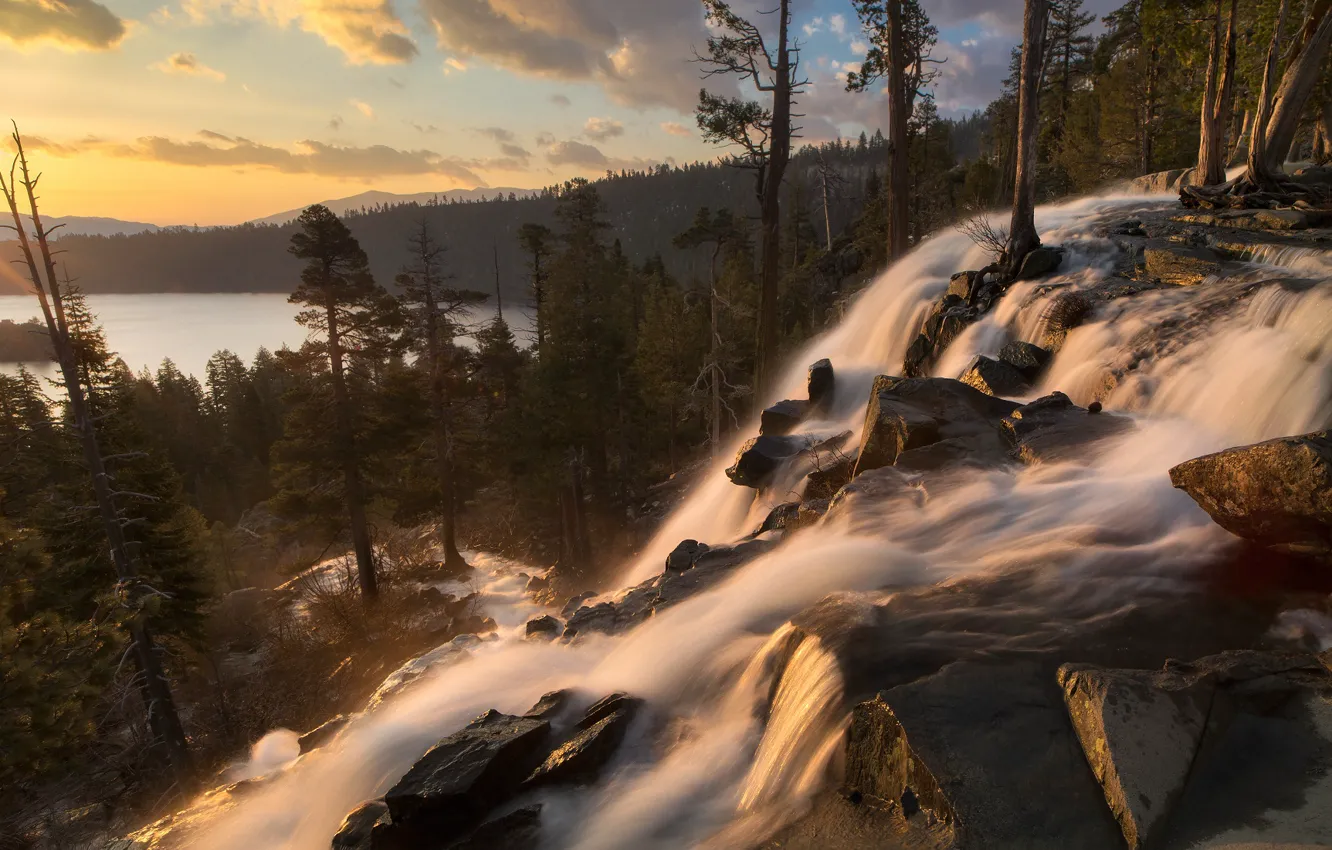 Фото обои пейзаж, закат, природа, озеро, камни, водопад, поток, Калифорния