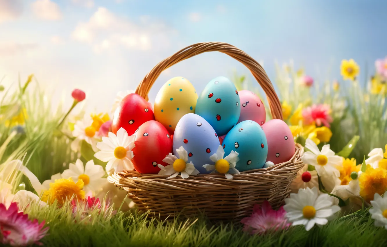 Фото обои цветы, корзина, поляна, яйца, весна, colorful, Пасха, happy