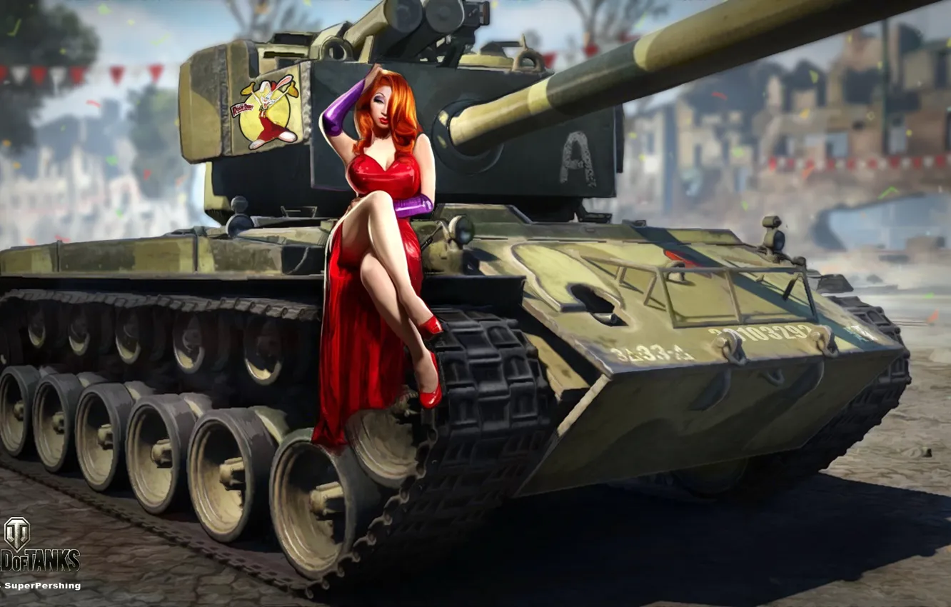 Фото обои девушка, город, праздник, улица, рисунок, платье, арт, танк