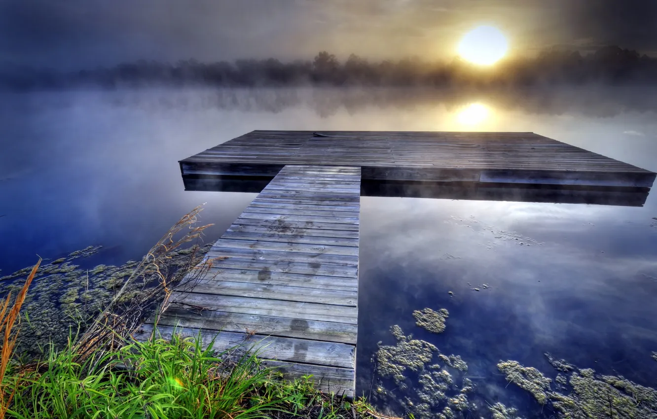 Фото обои пейзаж, закат, мост, туман, озеро