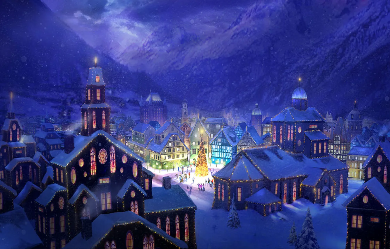 Фото обои снег, горы, город, огни, праздник, рисунок, елка, дома